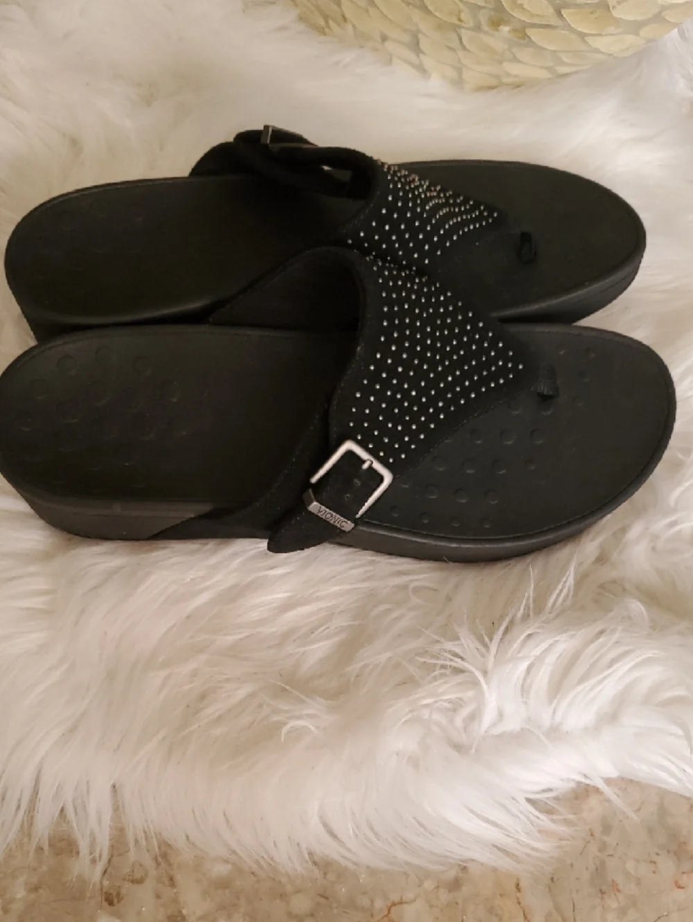 Vionic Black Studded Suede Toe-Post Sandals - Picture 3 of 14